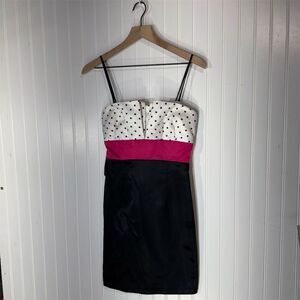 Y2K‎ Taboo Polka Dot Bust Hot Pink Satin Sash Black Mini Dress M Cocktail Party